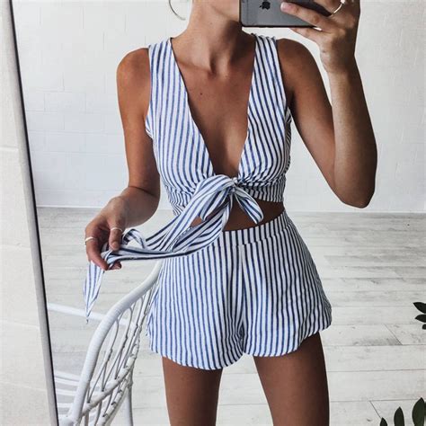 2018 Summer Beach Playsuit Sexy Women Rompers Striped Jumpsuit Casual