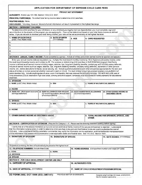 Dd Form 2652 Application For Department Of Defense Child Care Fees