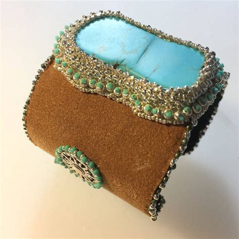 Turqouise And Leather Statement Cuff Etsy Leather Leather Cuffs