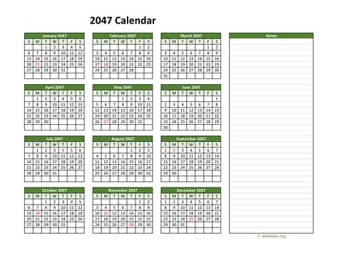 Yearly Printable 2047 Calendar With Notes