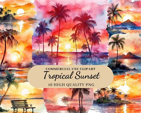 16 Png Watercolor Tropical Sunsets Clipart Artful Sunset Etsy