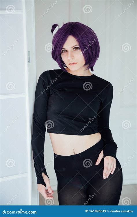Portrait Of A Beautiful Girl Cosplayer Anime With Purple Hair Stock