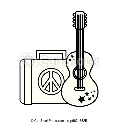 Guitar And Suitcase Retro Hippie Style Vector Illustration Outline