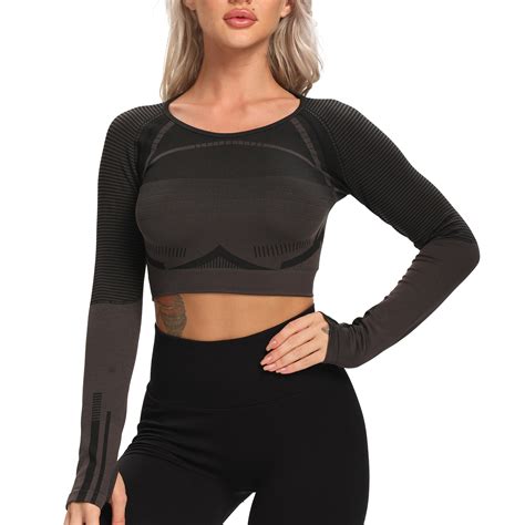 fittoo women seamless long sleeve yoga crop top thumb hole compression workout activewear shirts