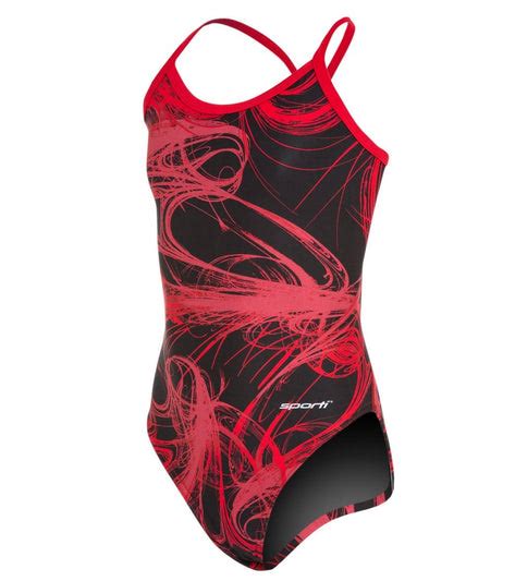 Sporti Light Wave Thin Strap One Piece Swimsuit Youth 22 28 Blackred
