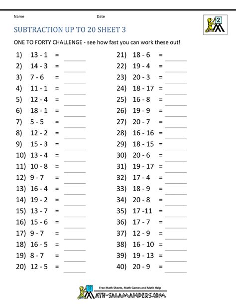 Subtraction Worksheet Numbers To 20