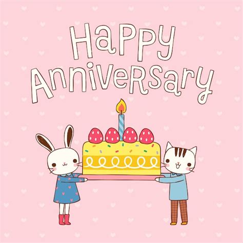 Happy Anniversary With Cute Cartoon Couple Rabbit And Cat Premium Vector