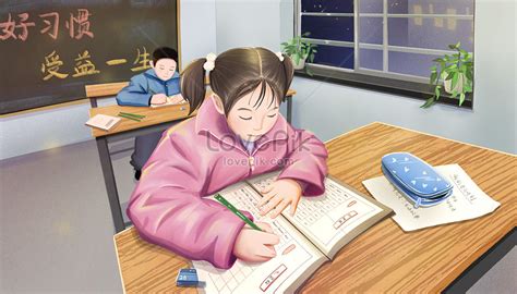 女孩在晚自習託班寫作業圖片素材 Psd圖片尺寸3500 × 2000px 高清圖案401669209