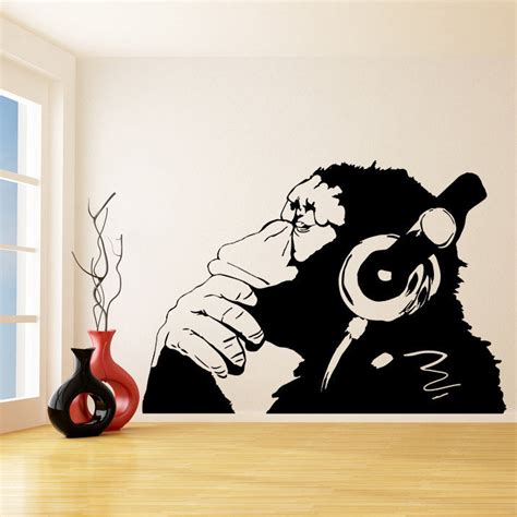 Banksy Vinyl Wall Decal Monkey With Headphones Chimp Listening To Musi