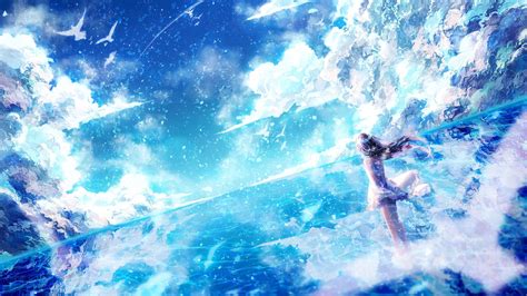 Anime girls original characters camera blue hair pink eyes stars dress sky wallpaper. Anime bird sky light dress long hair original blue girl beauty wallpaper | 2560x1440 | 815916 ...
