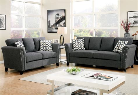 It makes a happy and comforting place for my grand. Campbell Contemporary Sofa & Loveseat Set in Gray Fabric w/ Accent Pillows