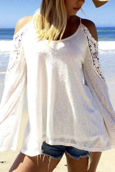 Womens Beach Off Shoulder Long Sleeve Lace Crochet Blouse Shirt Top