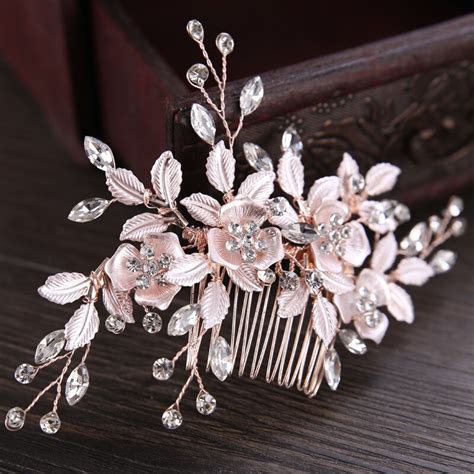 gorgeous handmade rose gold crystal rhinestones flower leaf wedding hair combs clip barrettes