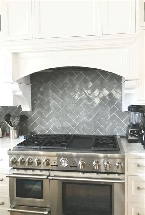 Clarendon Hills Kitchen Herringbone Backsplash Set With Shiny Gray