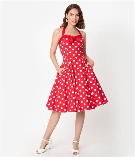 Vintage Style Red White Polka Dot Print Halter Swing Dress Vintage