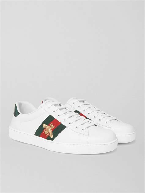Gucci Ace Faux Watersnake Trimmed Embroidered Leather Sneakers