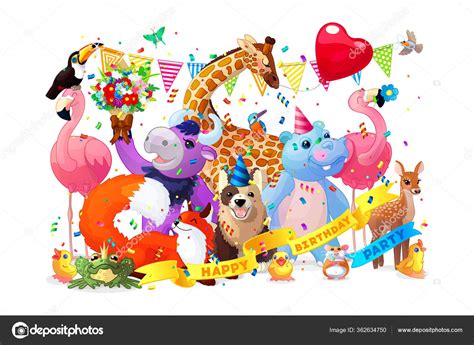 Vector Cartoon Animal Happy Birthday Party Clipart Stock Vector By