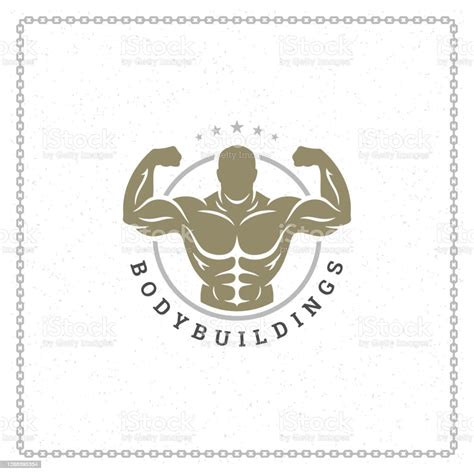 bodybuilder man logotyp eller badge vektor illustration manlig bodybuilding symbol silhuett