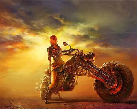 Hd Wallpaper Motorcycle Fantasy Art Women Biker Artwork Sunset