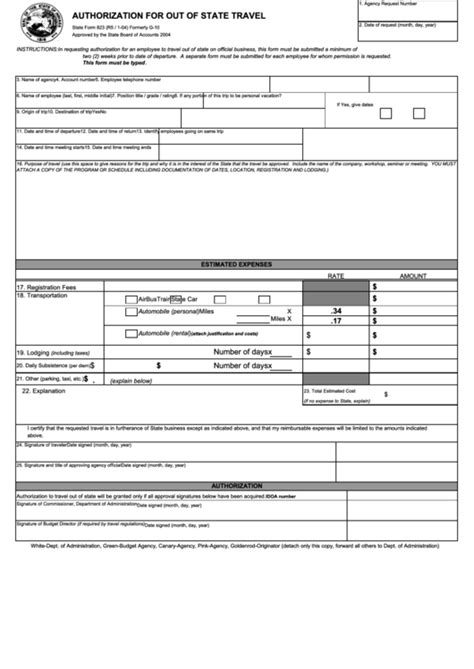 Form 823 Authorization For Out Of State Travel State