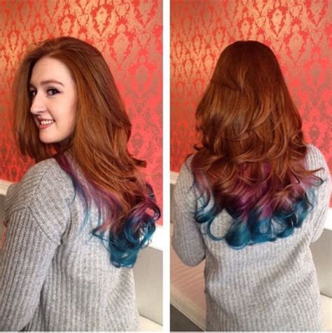 Maybe the product brands you use will change a bit, but in general terms, first, you will have to bleach the hair to get rid of the red, and then you'll apply the purple that you choose. Red hair with purple and blue curls | Blue tips hair ...