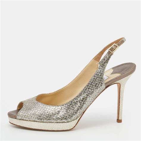 jimmy choo gold glitter and lurex fabric nova peep toe slingback sandals size 38 5 jimmy choo