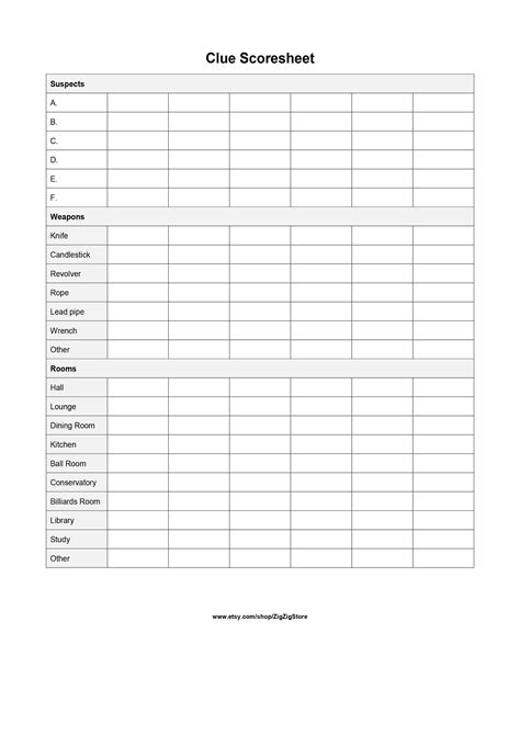Clue Score Sheet Printable It Is Formatted For 85x11 Letter But Can