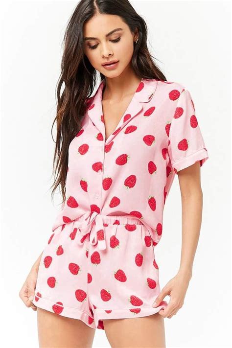 Forever 21 Strawberry Print Shirt Shorts Pajama Set Selena Gomez