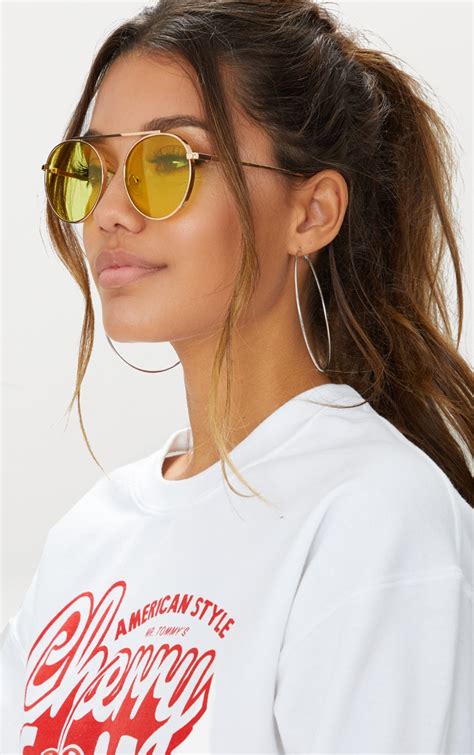 Yellow Lens Round Brow Bar Sunglasses Prettylittlething Ca
