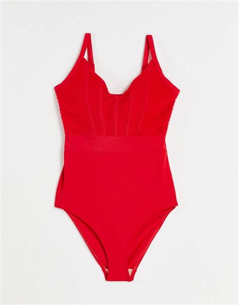 Pour Moi Fuller Bust Ruched Pleated Control Swimsuit In Red Asos