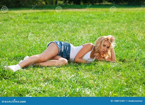 Beautiful Blonde Woman In Blue Jeans Shorts Stock Image Image Of