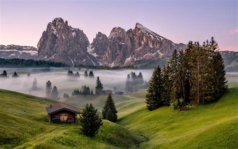Download Wallpapers Dolomite Alps Morning Sunrise Fog Mountain Landscape Green Fields
