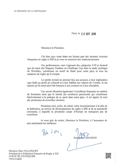les félicitations du président de la république française à la ffrxiii fédération française de