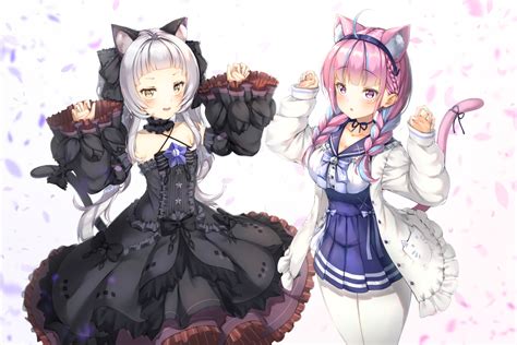 2girls Animal Ears Blush Bow Braids Breasts Catgirl Cleavage Flat Chest
