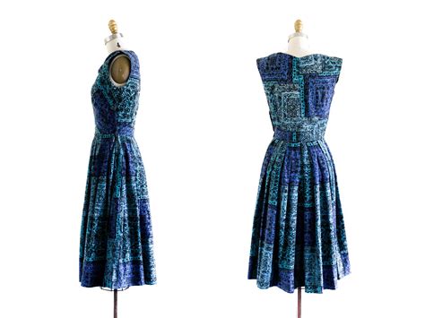 1950s blue dress modern art blue batik print vintage 1950s sun dress xs sm