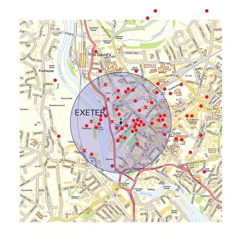 Map Of Exeter City Centre Showing The Locations Of The 70 Downed Common