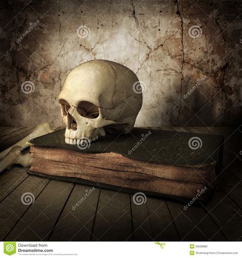 Side View Of Ancient Skull With Book Stock Illustration - Illustration ...