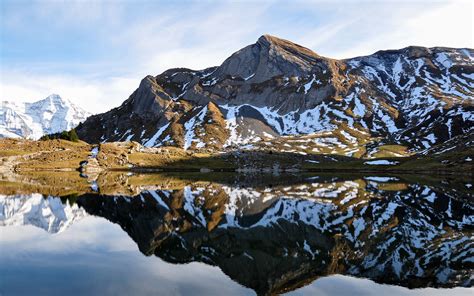 Download Wallpaper 3840x2400 Mountain Lake Reflection Snow Nature