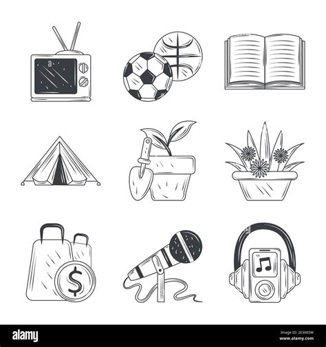 hobbies icons set sport tv music shopping gardening and read sketch style vector