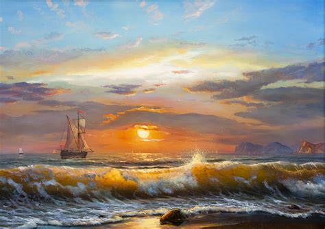 Galleon Ship Illustration Sea Wave The Sky Clouds Landscape Sunset