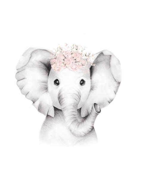 Elephant Flower Crown Print Baby Animal Art Print Pink Etsy
