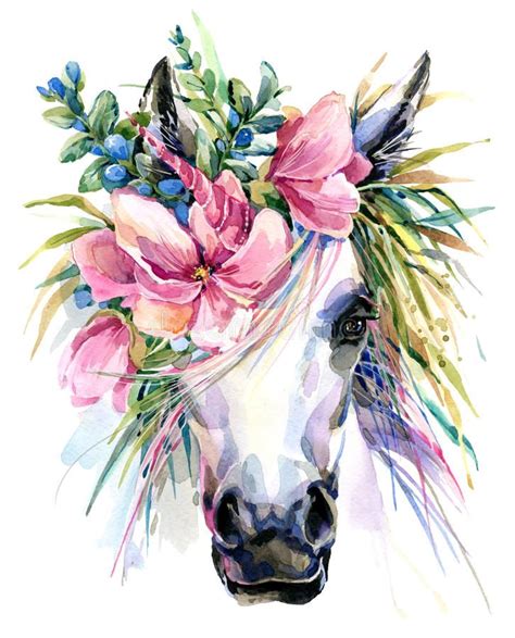Photo About Watercolor Unicorn Illustration White Horse In Flower