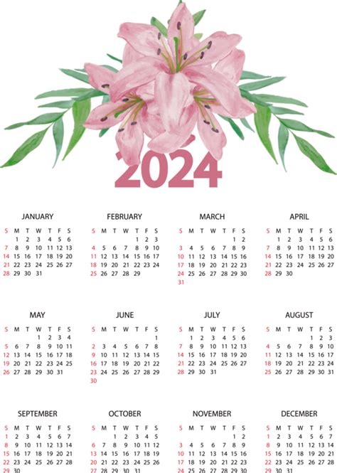 New Year Calendar Font Flower For Printable 2024 Calendar For New Year
