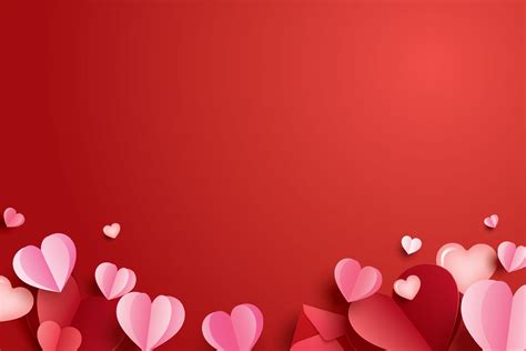 Happy Valentines Day With Paper Hearts And Copy Space On Red Background