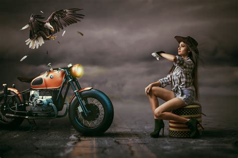 beautiful woman cowgirl hat alongside with bmw bike eagle wallpaper hd photography wallpapers 4k