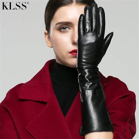 Klss Brand Genuine Leather Women Gloves About Cm Long Fashion Elegant Black Goatskin Glove