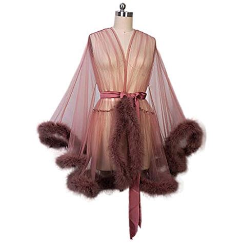 New Design Women Gorgeous Red Long Sheer Sexy Fluffy Fur Trimmed Robe