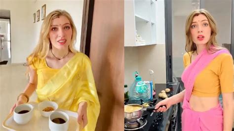 German Woman Turns Desi Wife Prepares Tea In Saree For Indian Husband Watch