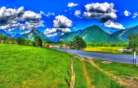 Wallpaper Road Grass Clouds Trees Mountains The Fence Field Hdr