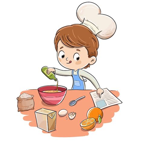 Niño En La Cocina Haciendo Una Receta Con Gorro De Cocinero Vector